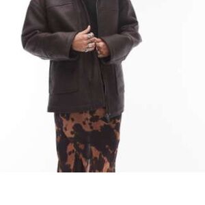 Topshop Dark Brown Faux Leather Borg Shearling Midi Aviator Jacket